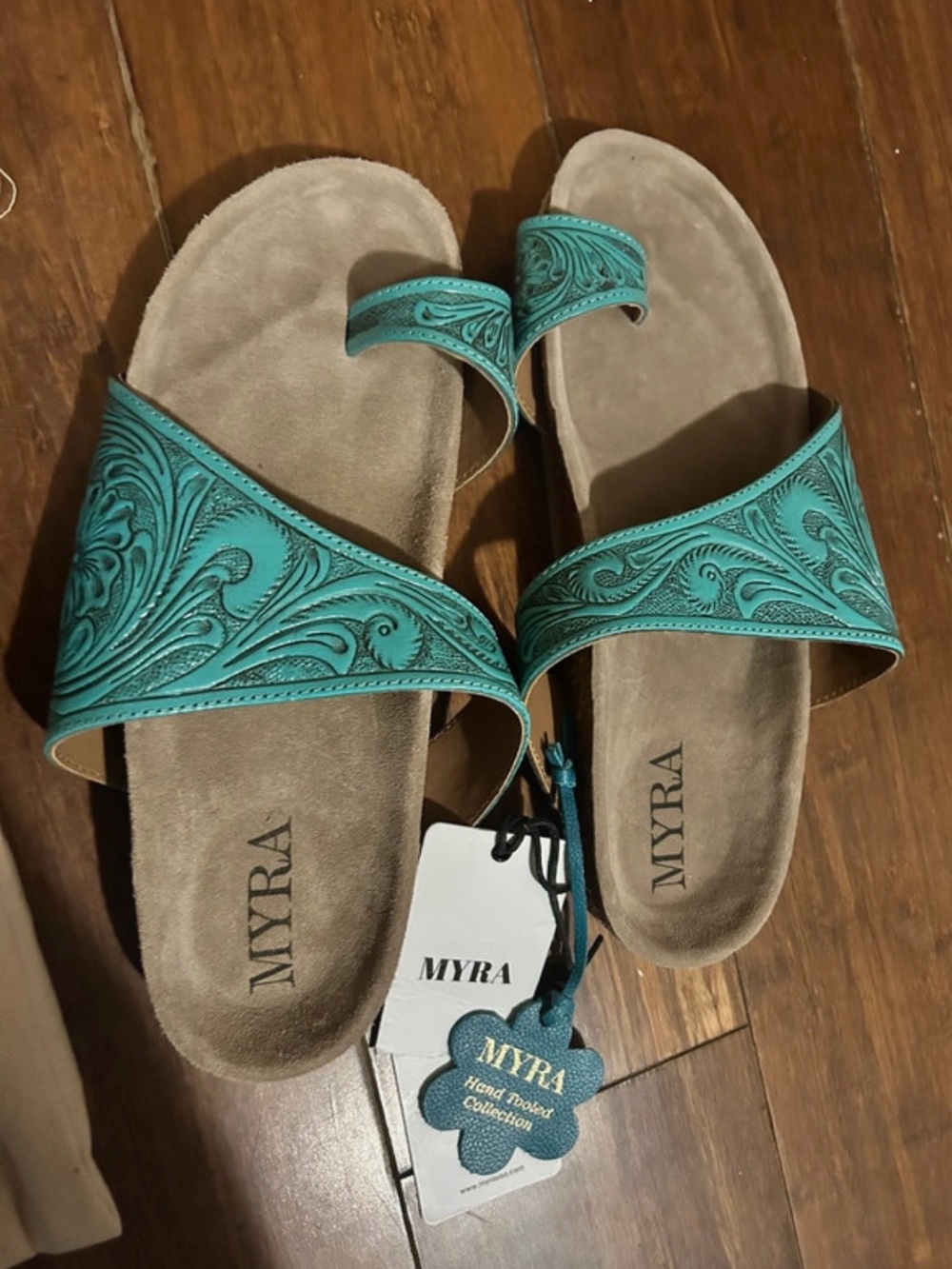 Myra Eastward Winds Sandals Turquoise Hand Tooled Collection Leather Boho NWT 11